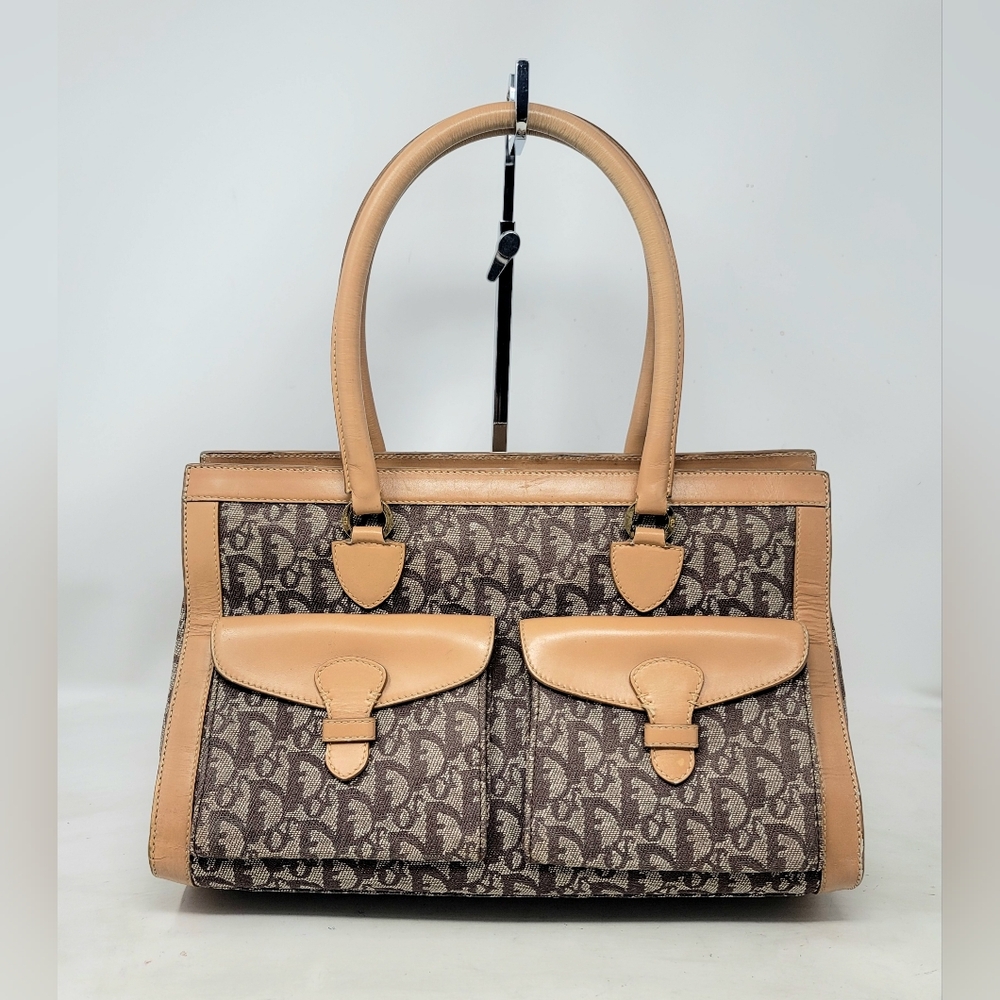 Dior Beige Brown Oblique Jacquard Canvas Leather Medium Tote Bag Authentic VTG